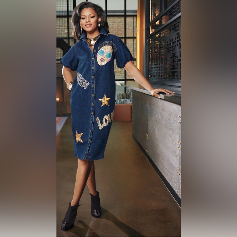 Ashro Laezel Applique Denim Dress Sequins Queen Bling Bling Diva Slouch